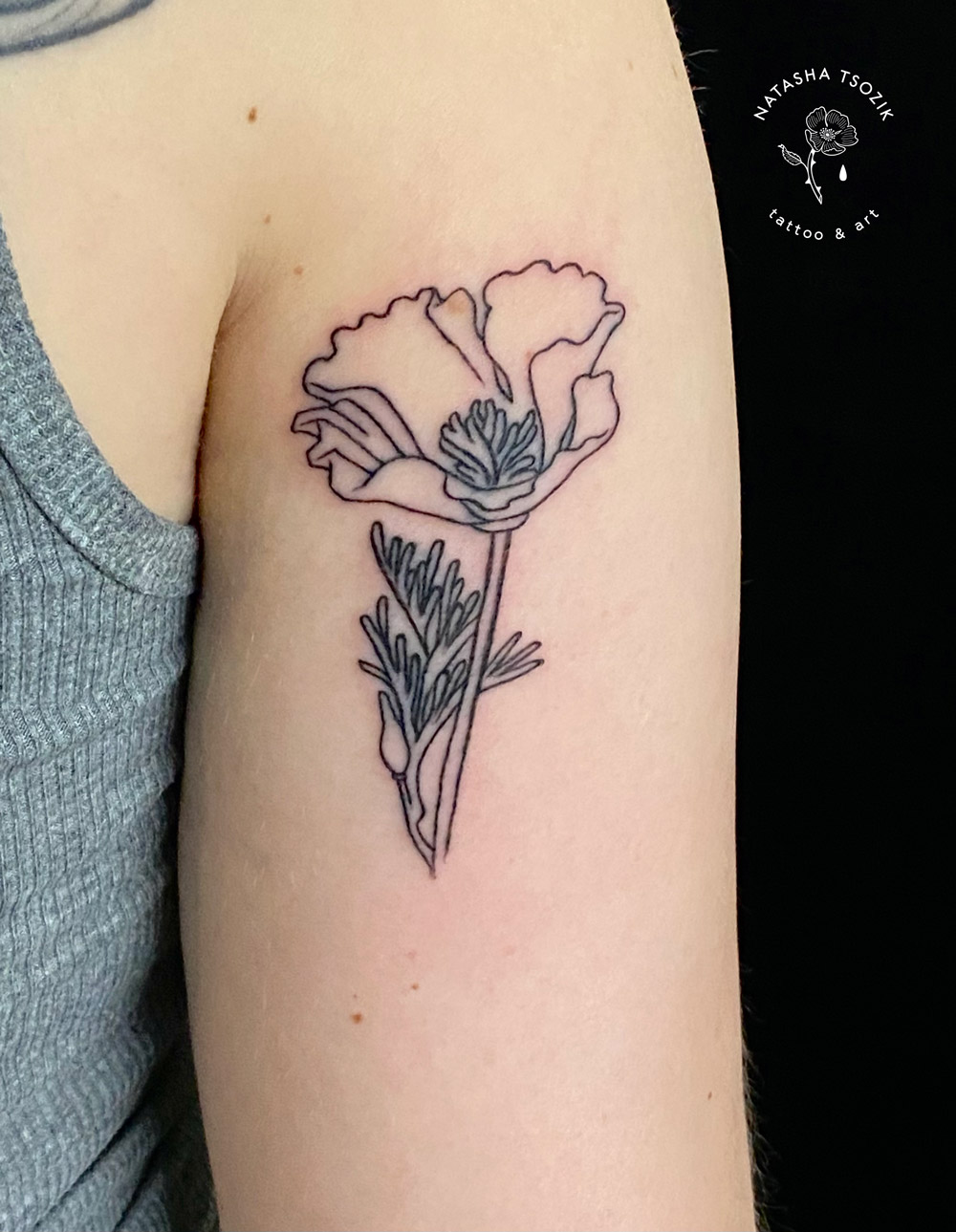 Black and gray floral poppy sleeve by Laura Jade: TattooNOW