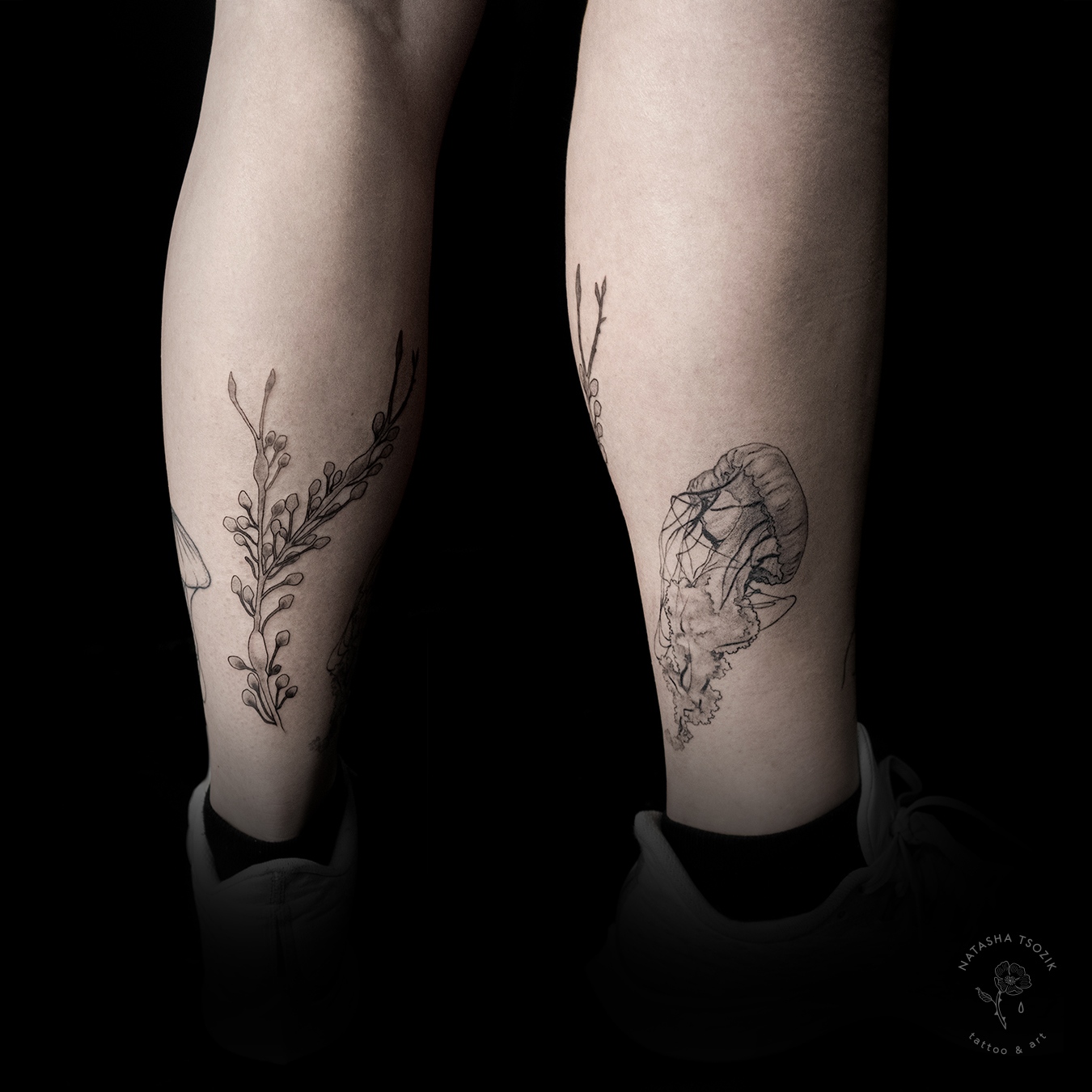 Seaweed and Jellyfish tattoos by Natasha Tsozik