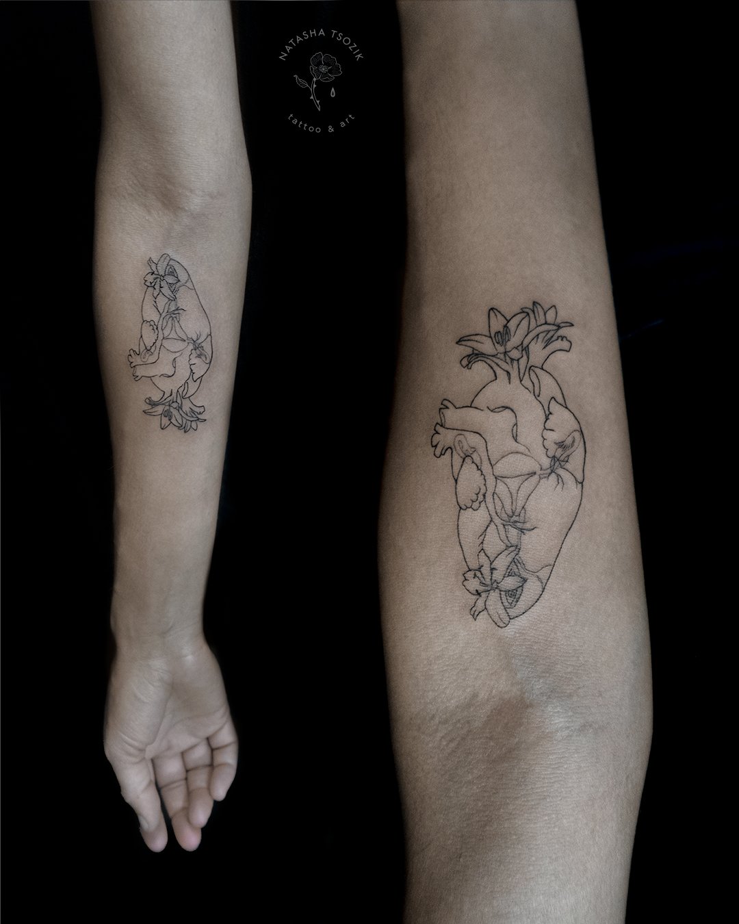 Vulva Heart Fine Line tattoo on forearm by Natasha Tsozik