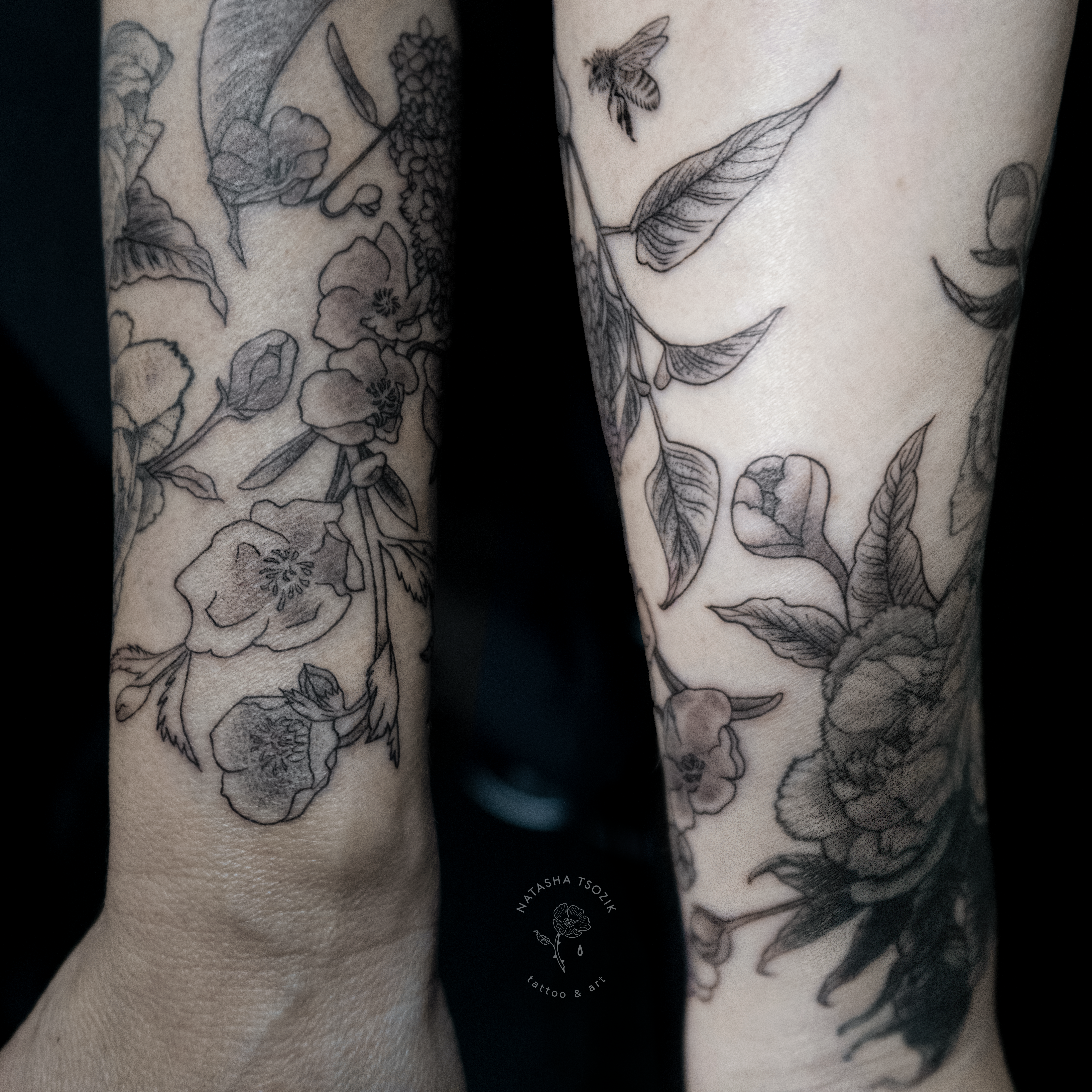 Language of Flowers 2 fine line tattoo by Natasha Tsozik fd