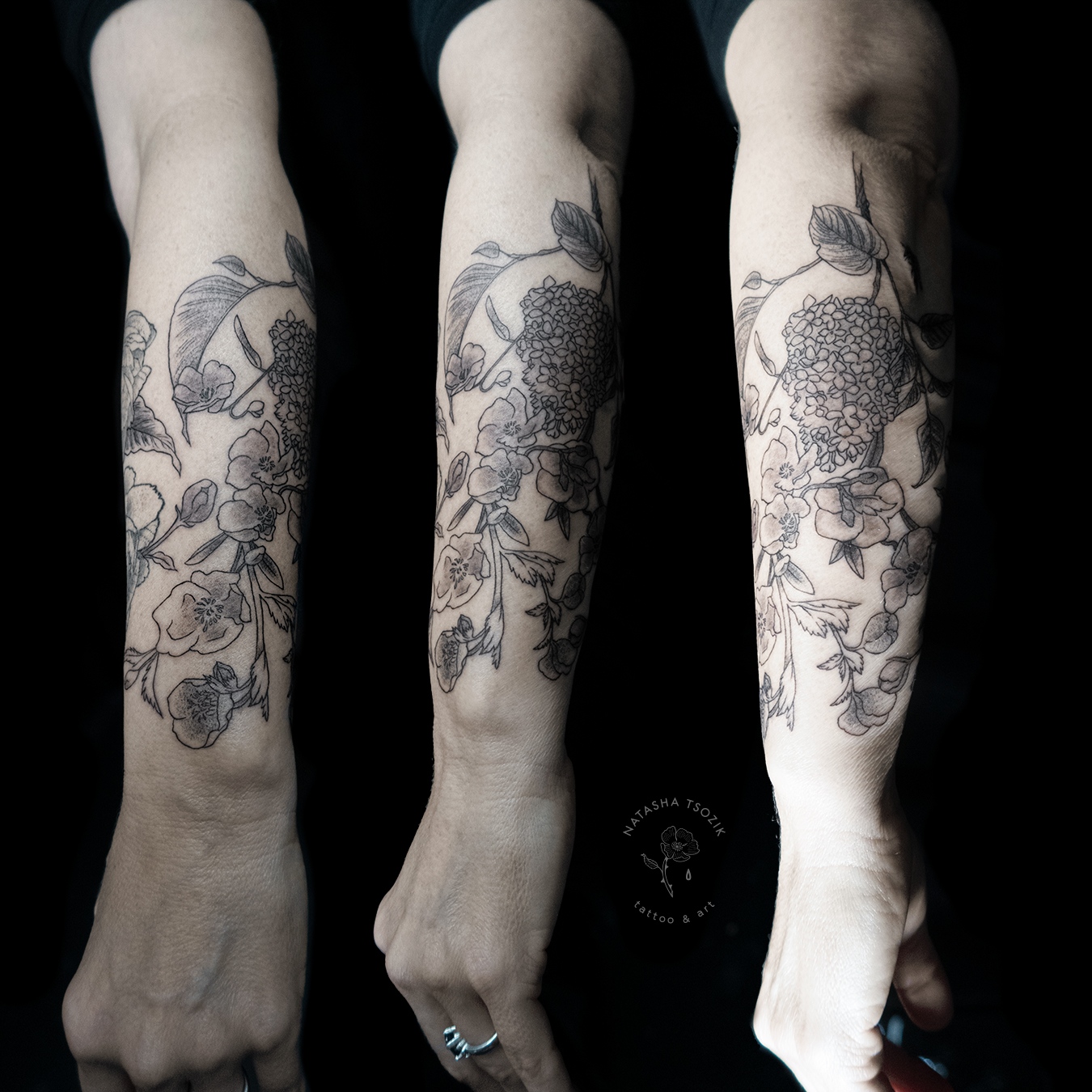 Floral Tattoo on forearm fine line tattoo by Natasha Tsozik