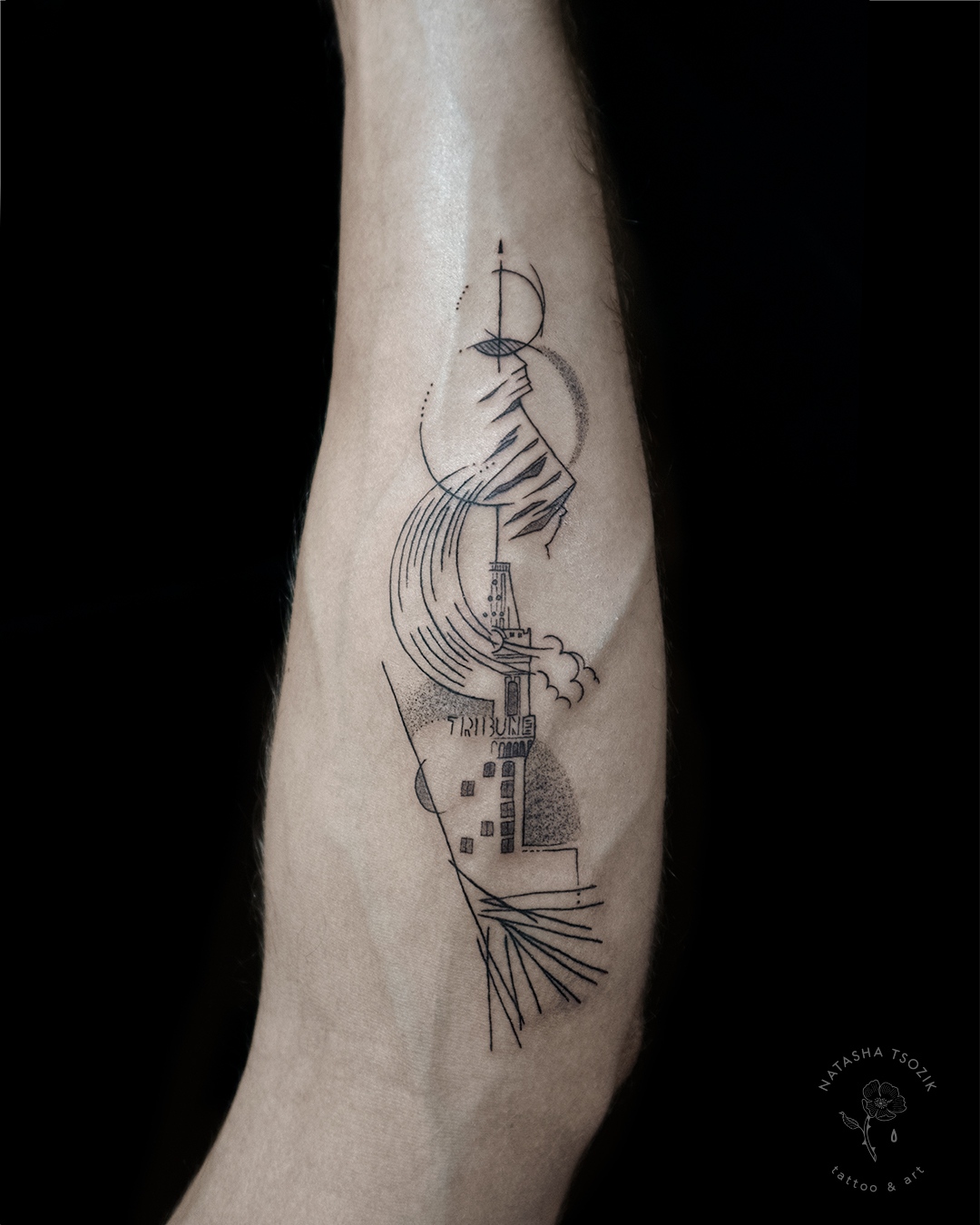 Tribune Tower Abstract tattoo on a forearm by Natasha Tsozik