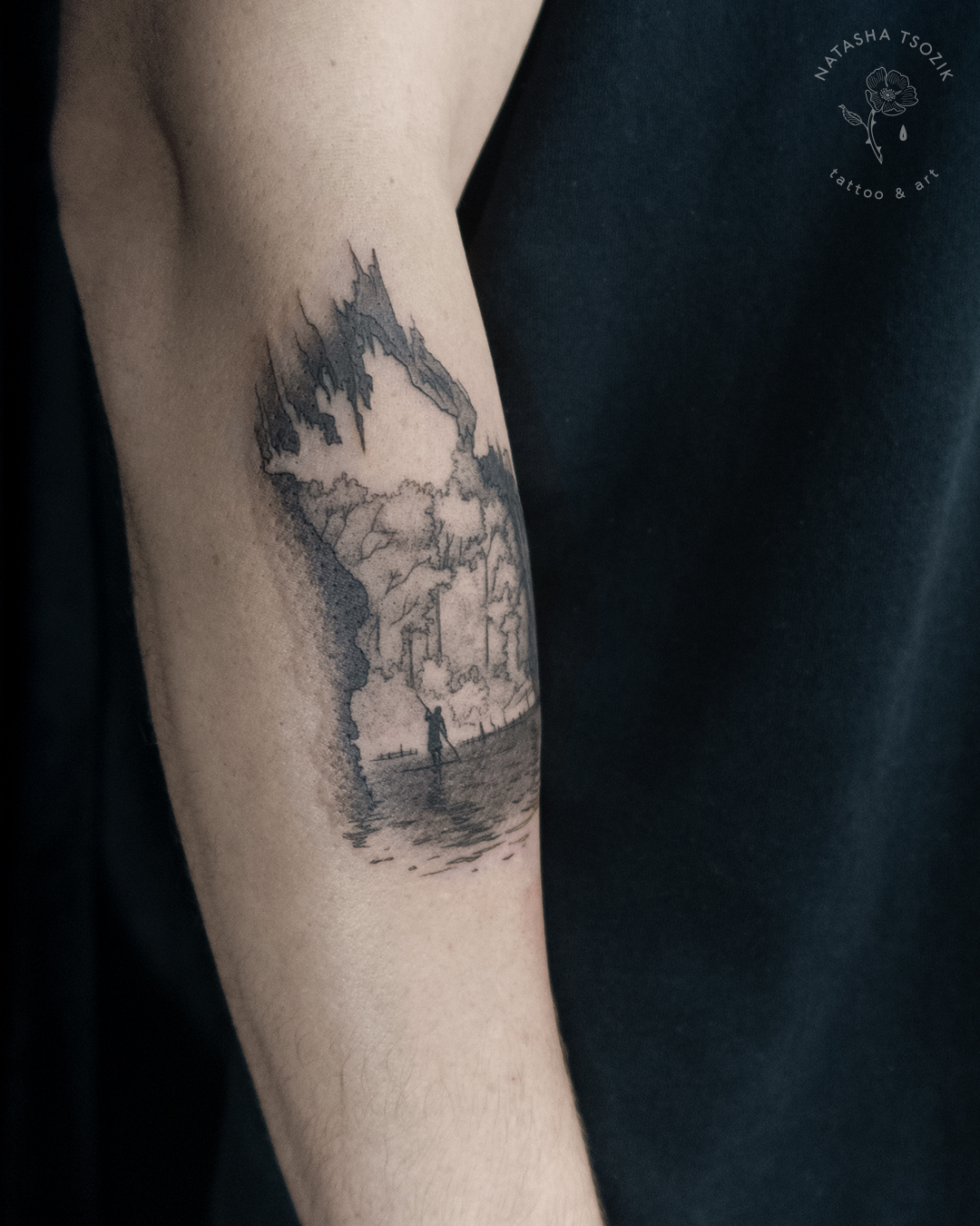 Cave Fine Line Tattoo on a forearm by Natasha Tsozik