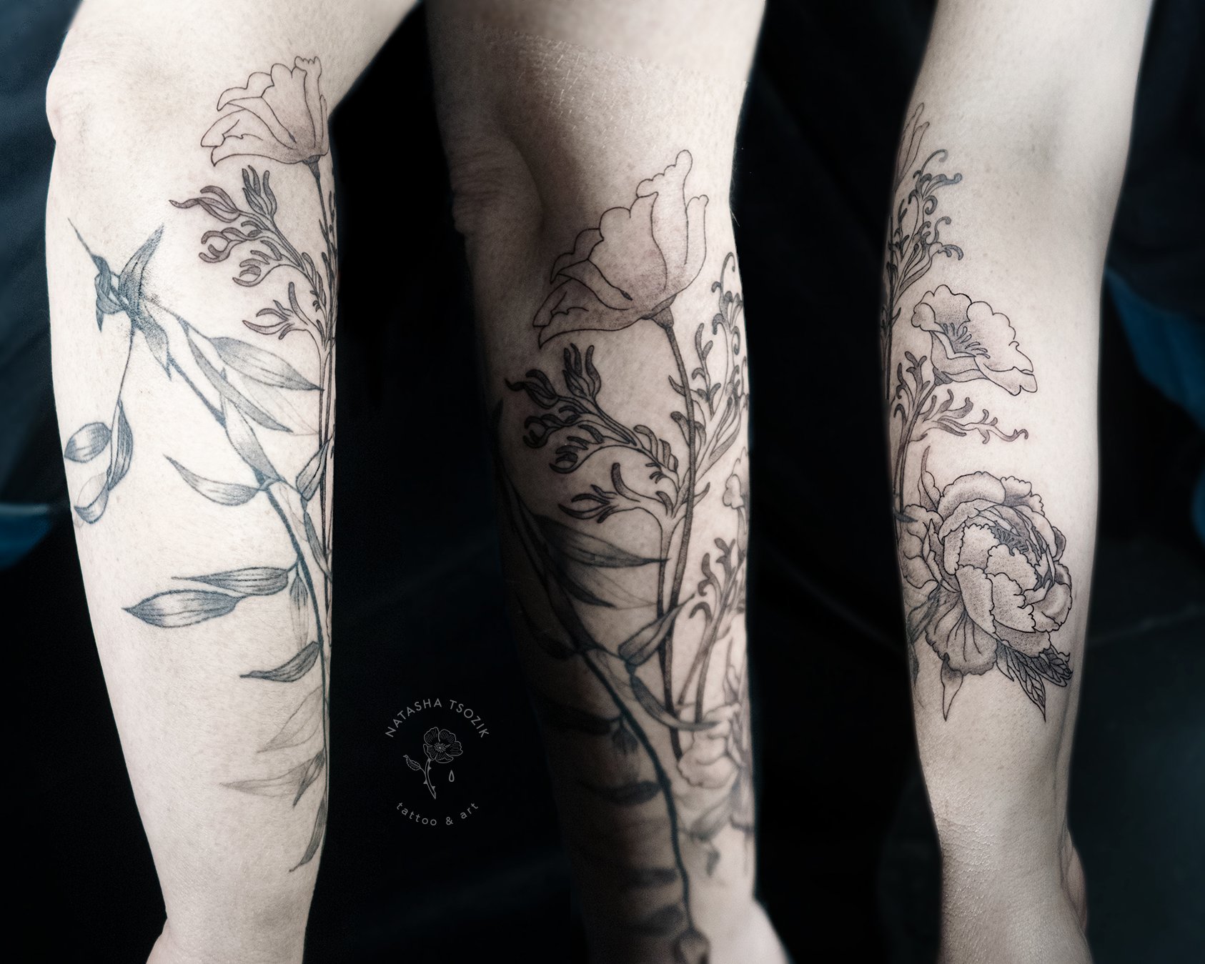 Floral sleeve & CA poppy tattoo by Natasha Tsozik