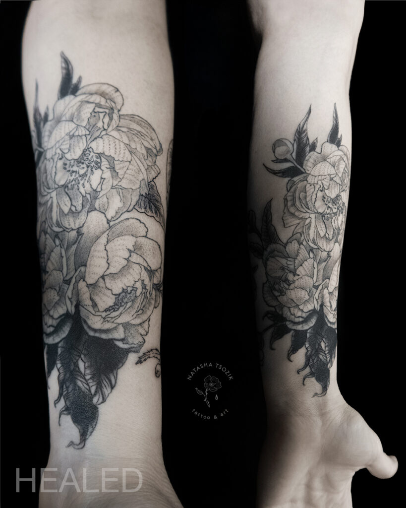 Healed Peony Cover-up - Floral tattoo on a forearm by Natasha Tsozik