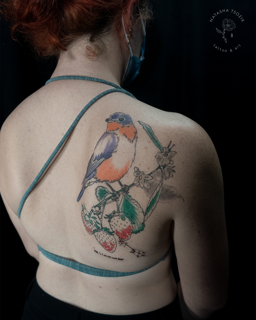 Blue Bird and a Strawberry - Floral Tattoo on a shoulder by Natasha Tsozik