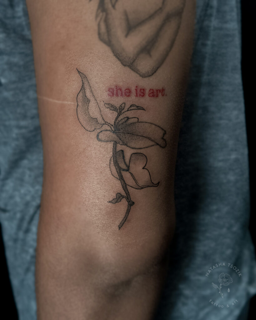 Botanical fine line Tattoo on arm by Natasha Tsozik