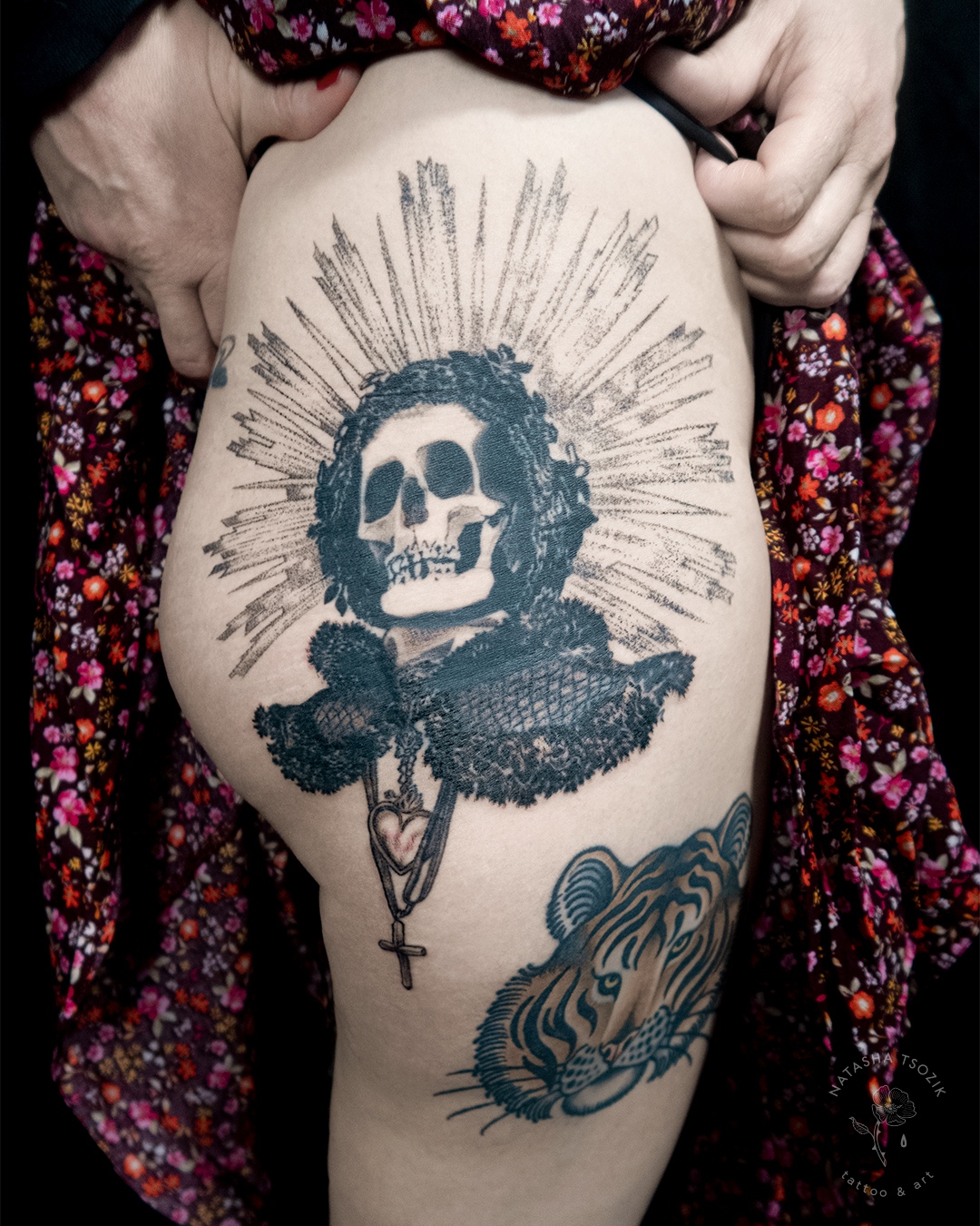 Catacomb Saint Tattoo on a thigh by Natasha Tsozik