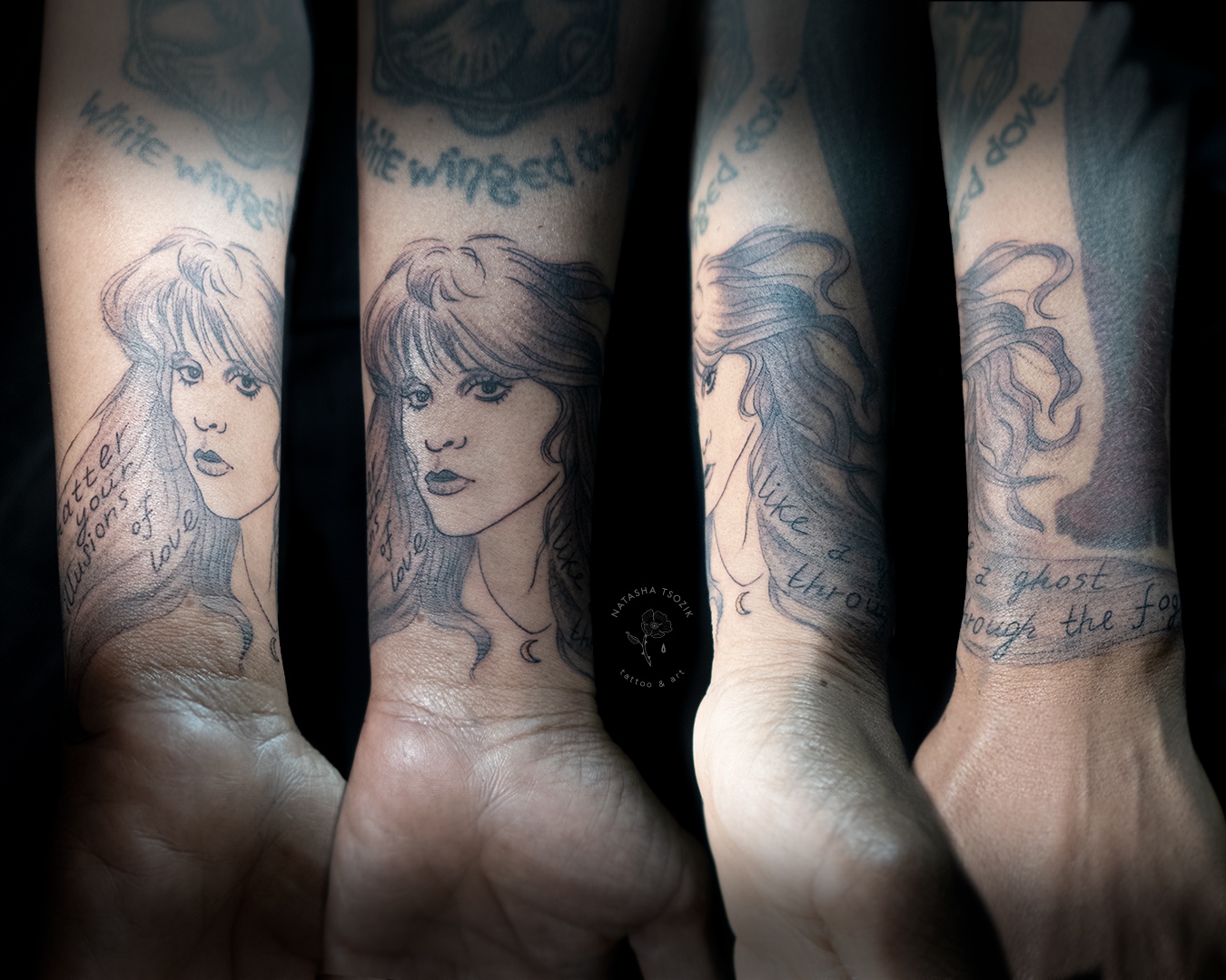 Stevie Nicks portrait tattoo on a forearm.