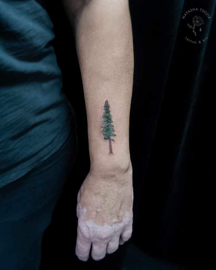 Redwood tattoo on an arm.