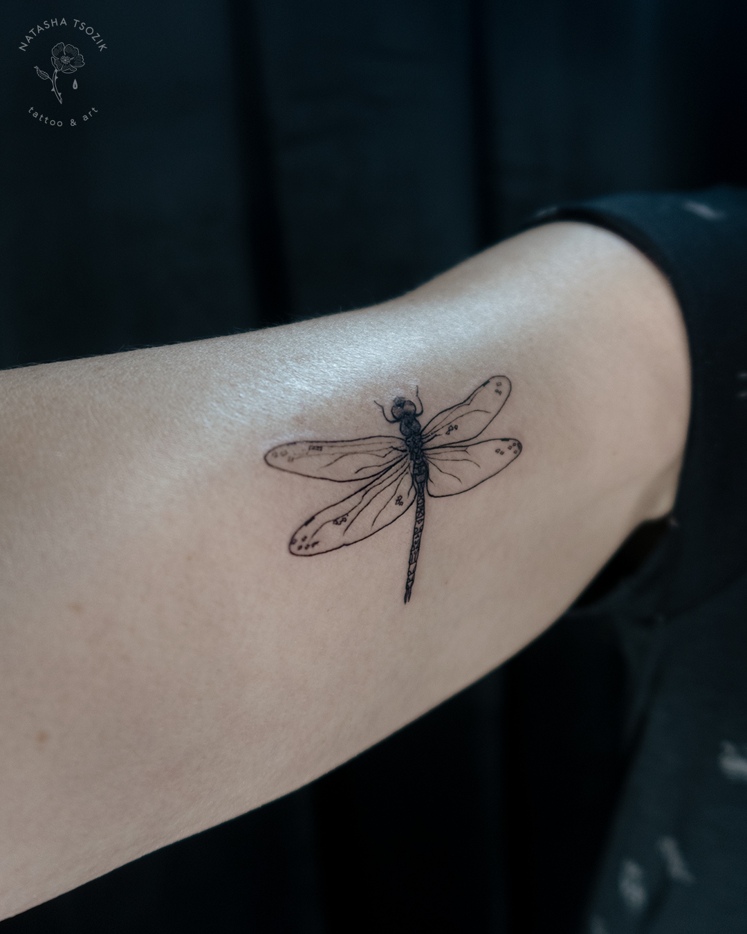 A dragonfly tattoo on an inner bicep.