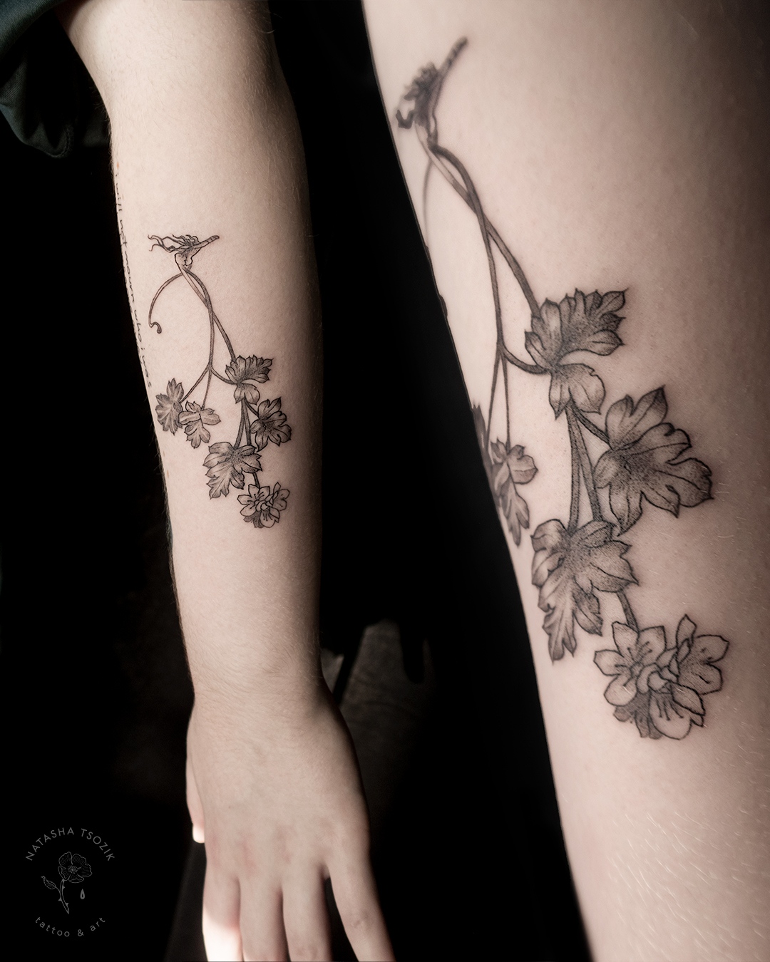 Moschatel plant tattoo on a forearm.