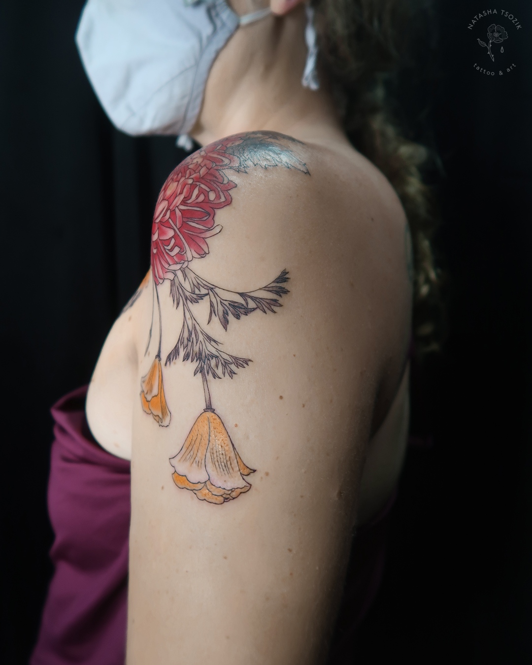 Crysanthemum, marigold and poppies tattoo by Natasha Tsozik 2