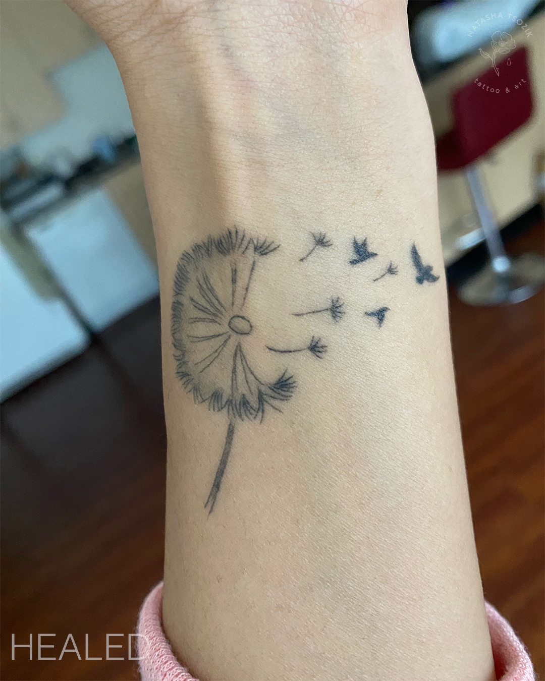 Dandelion healed tattoo by Natasha Tsozik