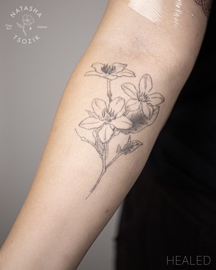 Healed sampaguita tattoo by Natasha Tsozik.