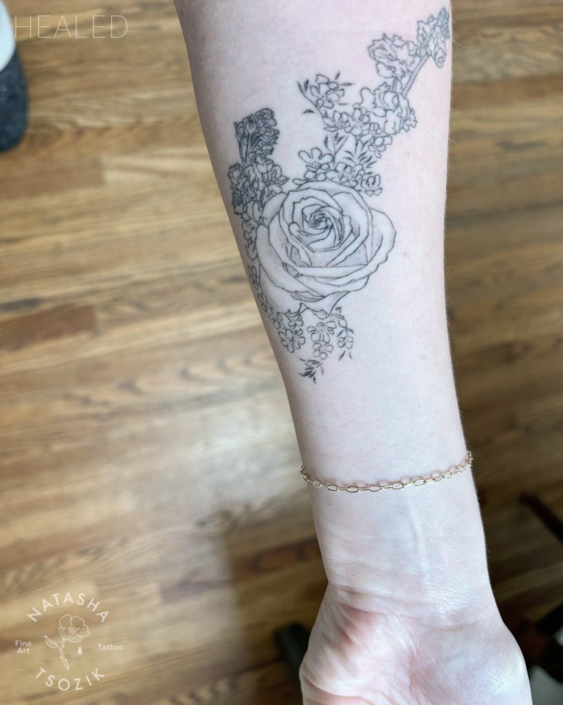 Healed wedding bouquet tattoo by Natasha Tsozik.