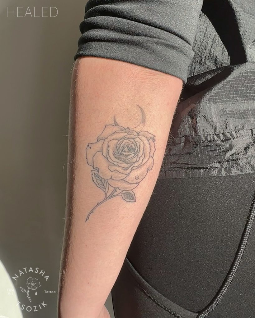 Healed rose & moon tattoo by Natasha Tsozik.