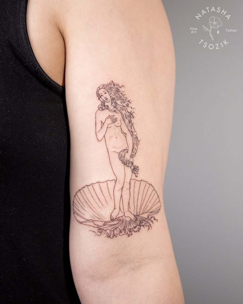 Art inspired fine line tattoo by Natasha Tsozik, vegan tattoo artist based in SF, Bay Area.